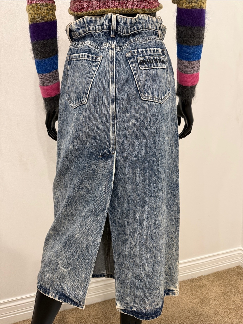 Miu Miu Acid Wash Denim Midi Skirt | Paperbag Waist | Logo Pocket IT 40 / S NEW